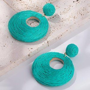 Teal Blue Rattan Earrings Chunky Wicker Raffia Dangle Hoop Beachy Vacation New